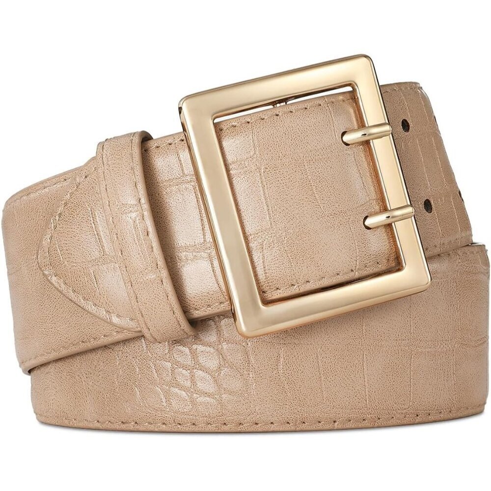 Women Leather Wide Fashion Thick Dress Belt With Gold Buckle Belt Beige Gold
